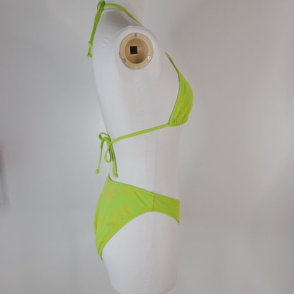 90s Y2K Vintage Neon Green Triangle Floral High Thigh Bikini Swim Suit - Picture 7 of 12